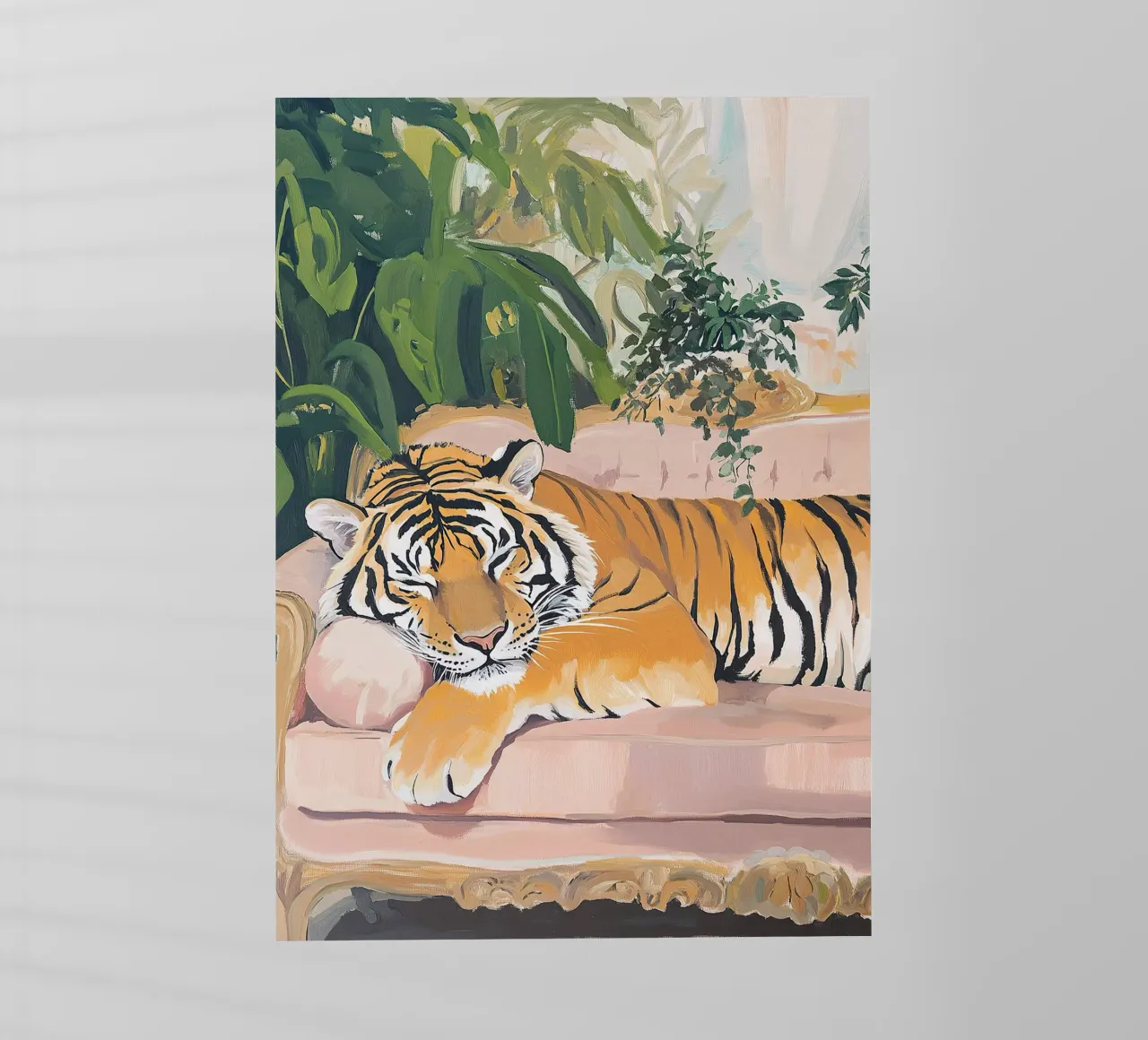 Tiger Sofa Pflanze Botanisch Rosa Ölgemälde Rosa Backlit Folie von Euphoria Theresa