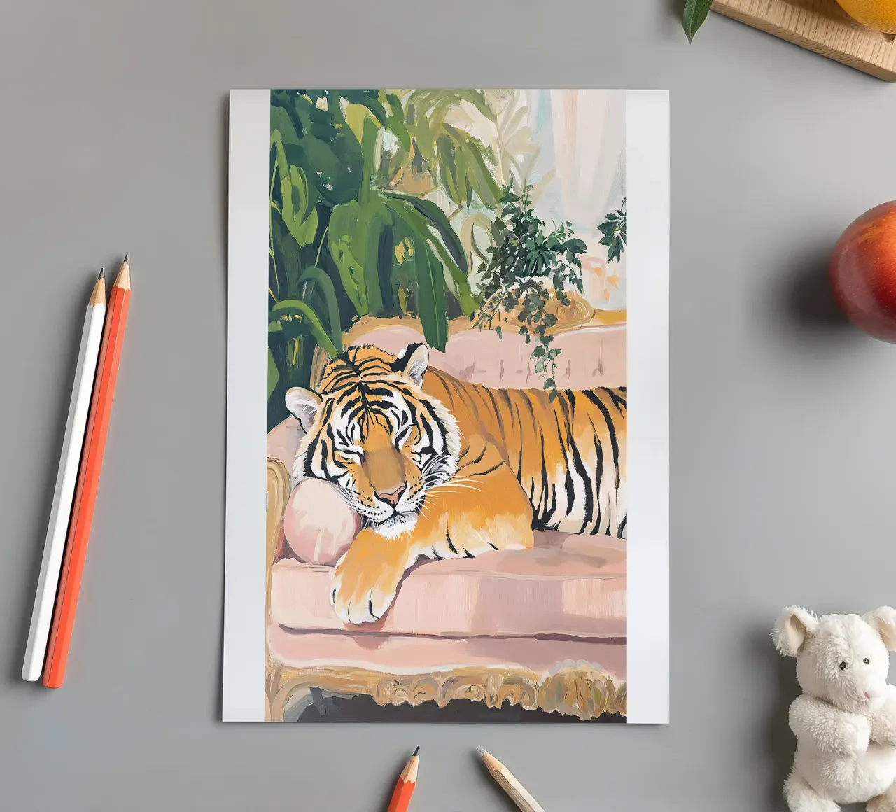 Tiger Sofa Pflanze Botanisch Rosa Ölgemälde Rosa Stickerbogen von Euphoria Theresa