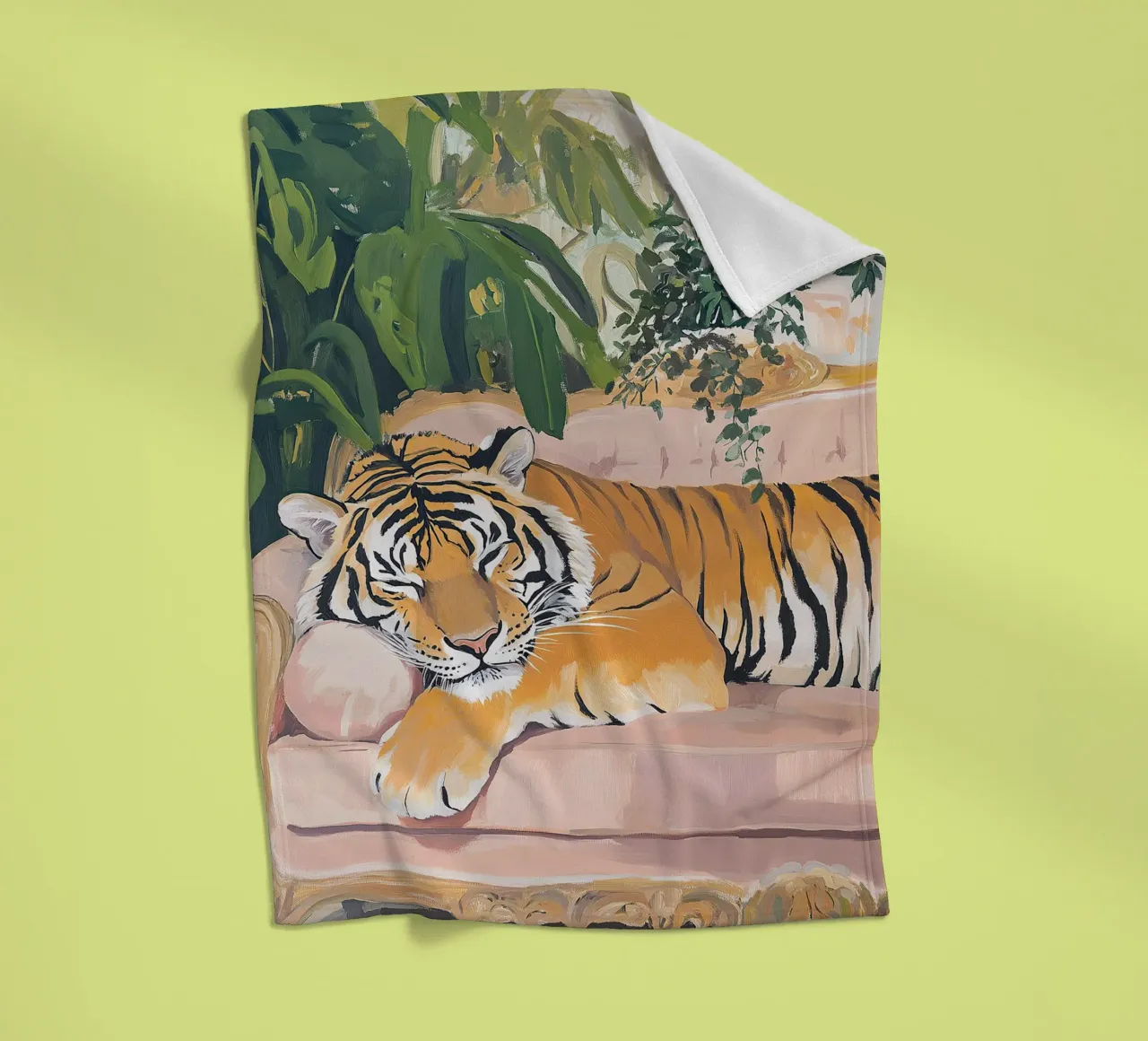 Tiger Sofa Pflanze Botanisch Rosa Ölgemälde Rosa Fleecedecke von Euphoria Theresa