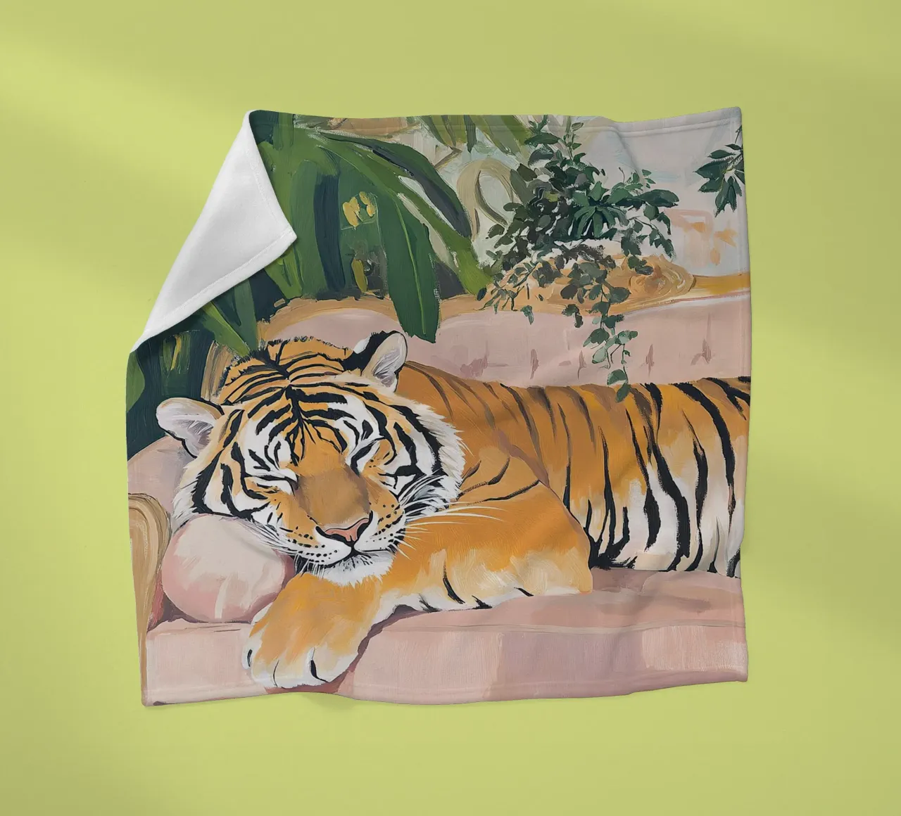 Tiger Sofa Pflanze Botanisch Rosa Ölgemälde Rosa Fleecedecke von Euphoria Theresa