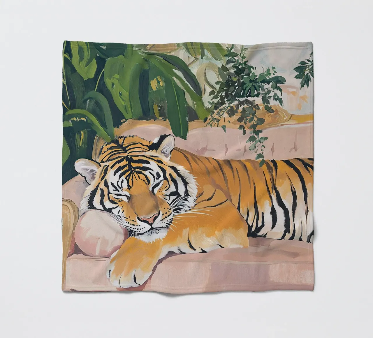 Tiger Sofa Pflanze Botanisch Rosa Ölgemälde Rosa Fleecedecke von Euphoria Theresa