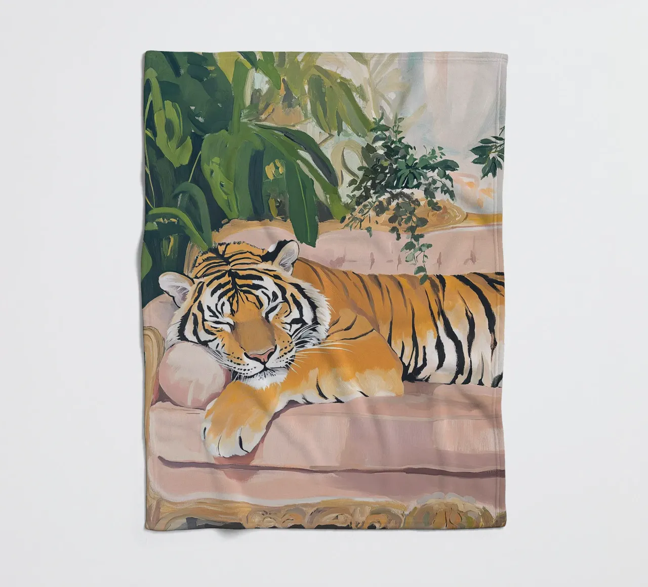 Tiger Sofa Pflanze Botanisch Rosa Ölgemälde Rosa Fleecedecke von Euphoria Theresa
