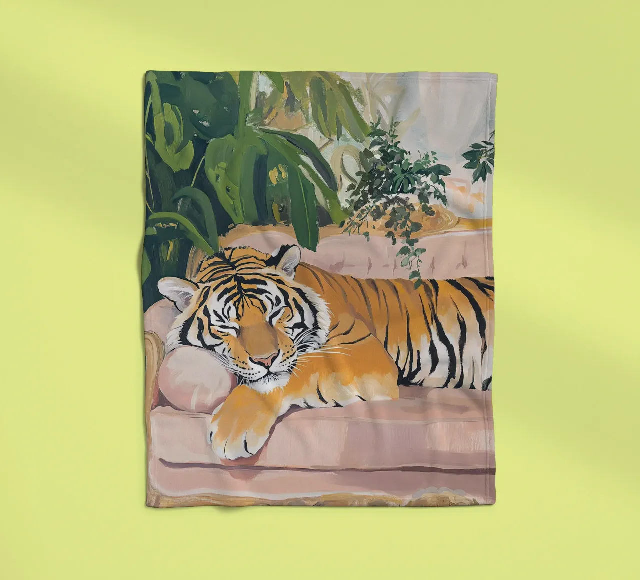 Tiger Sofa Pflanze Botanisch Rosa Ölgemälde Rosa Fleecedecke von Euphoria Theresa