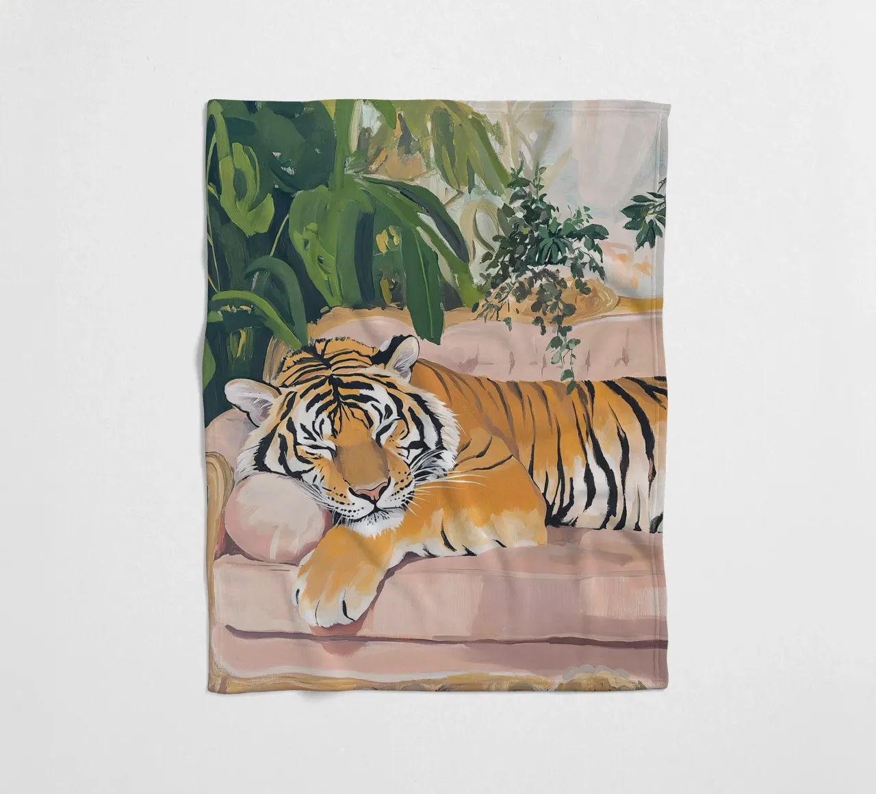 Tiger Sofa Pflanze Botanisch Rosa Ölgemälde Rosa Fleecedecke von Euphoria Theresa