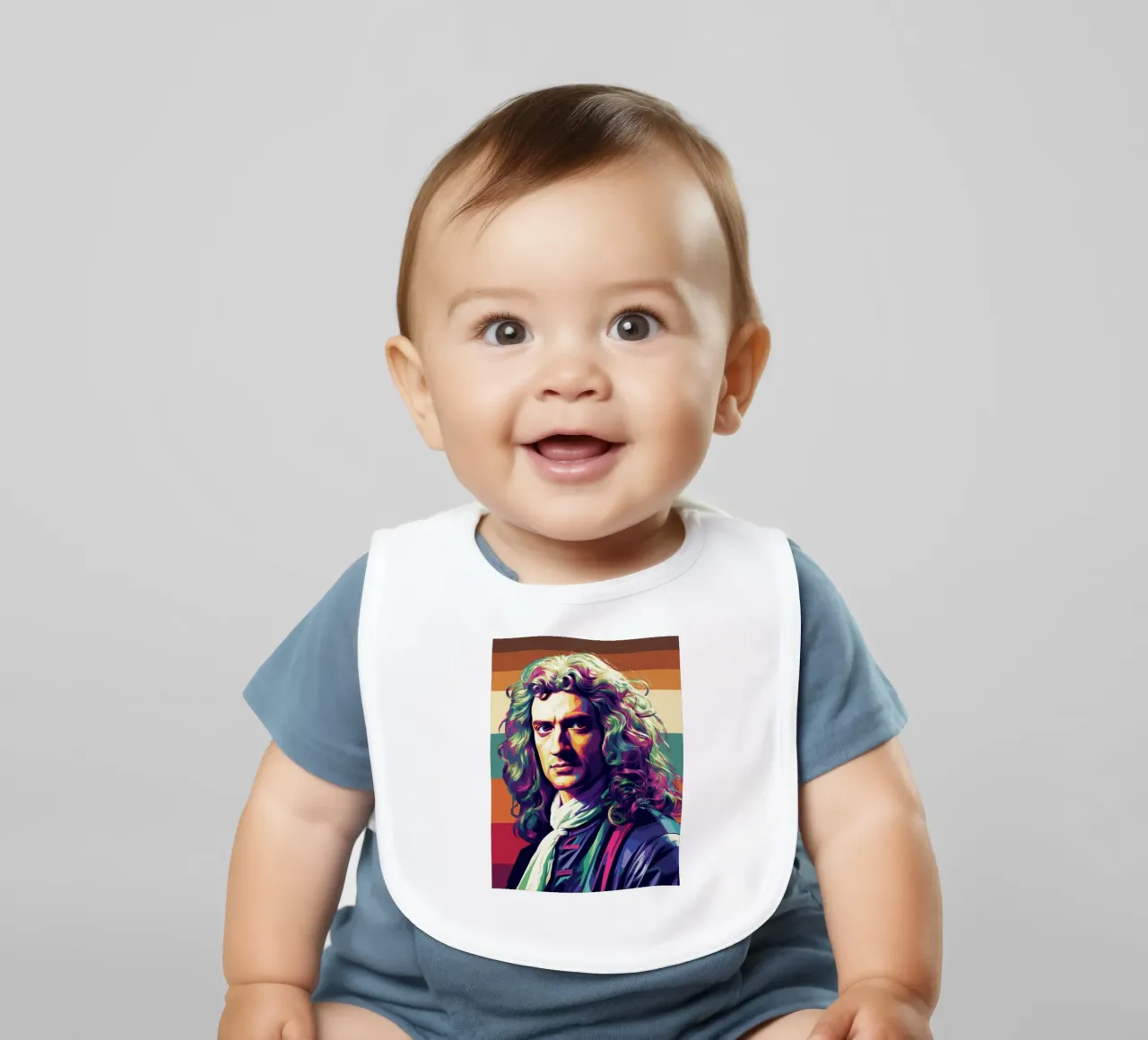 Ritratto pop art di Isaac Newton bavaglino da Hantamrata