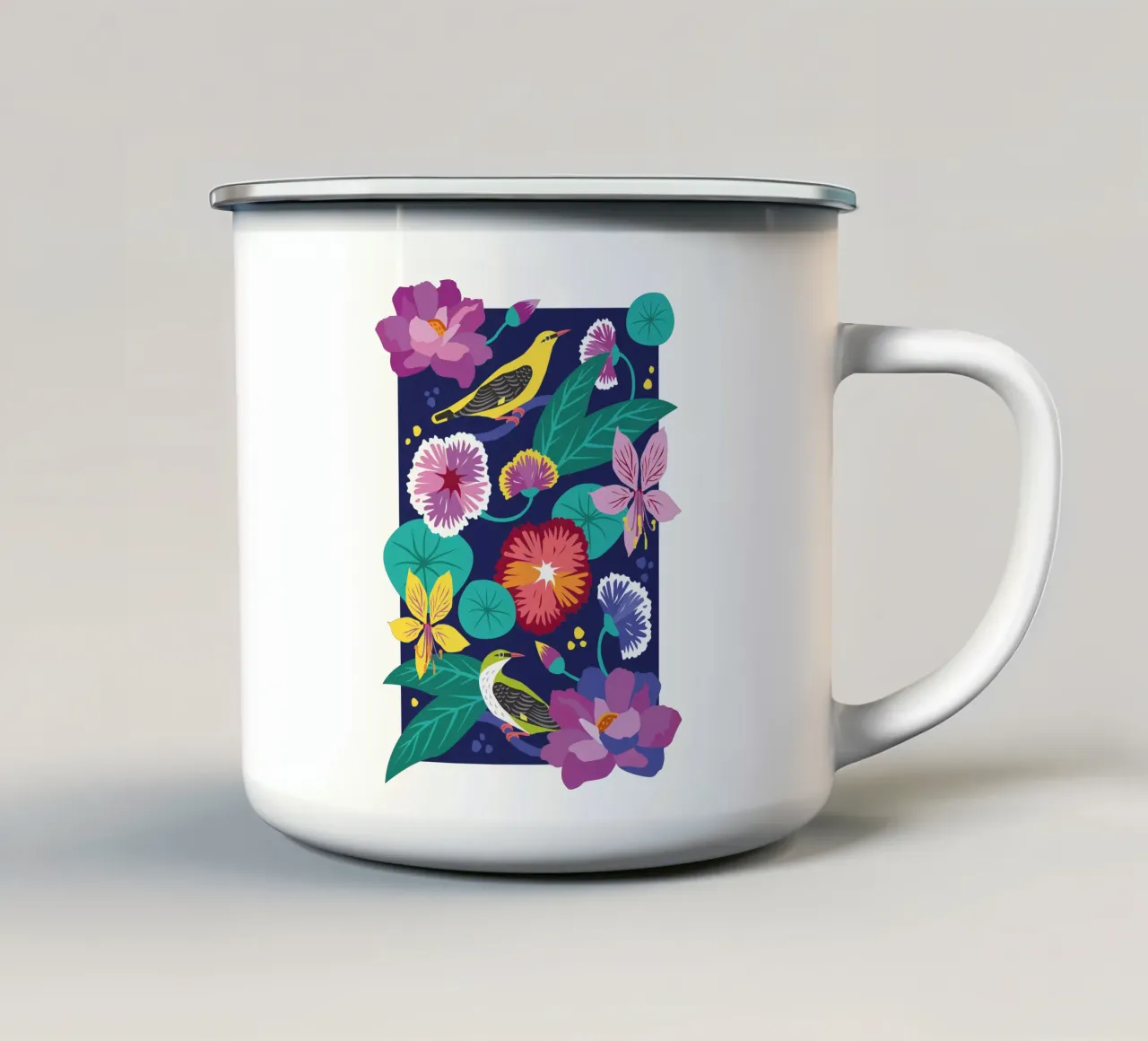 Flores y pájaros taza de esmalte de Schuhmann Design