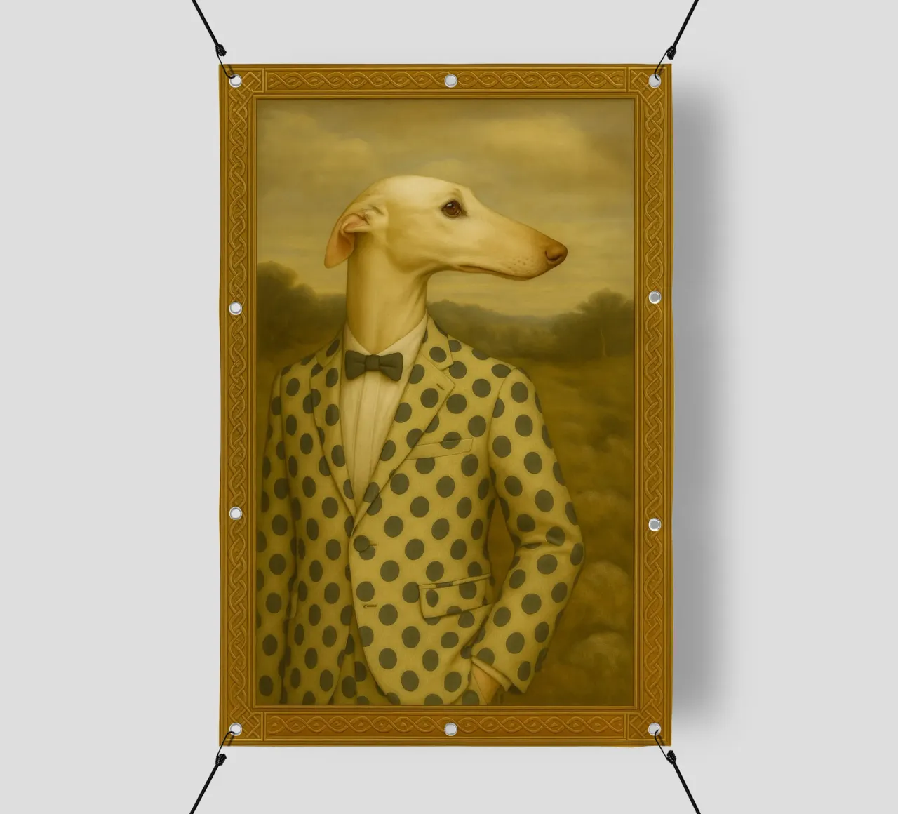 Dalmatian Greyhound – Surreal Dog Portrait in Polka-Dot Suit telo in pvc da Elegant Absurd