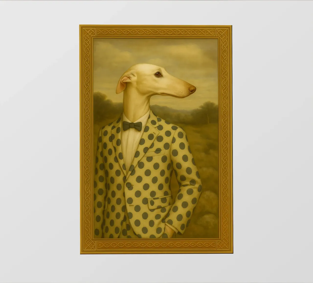 Dalmatian Greyhound – Surreal Dog Portrait in Polka-Dot Suit telo in pvc da Elegant Absurd