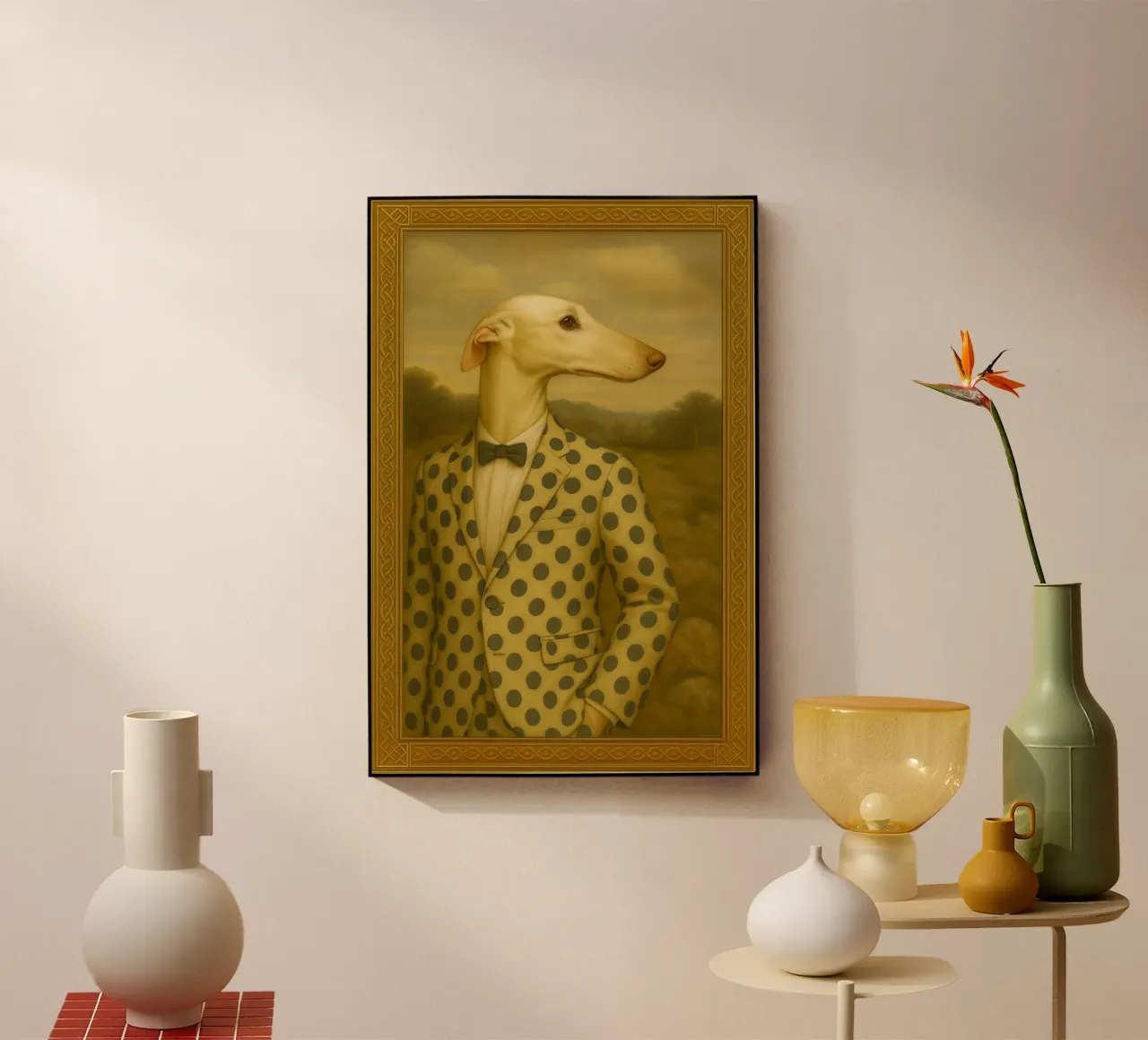 Dalmatian Greyhound – Surreal Dog Portrait in Polka-Dot Suit metacrilato de Elegant Absurd