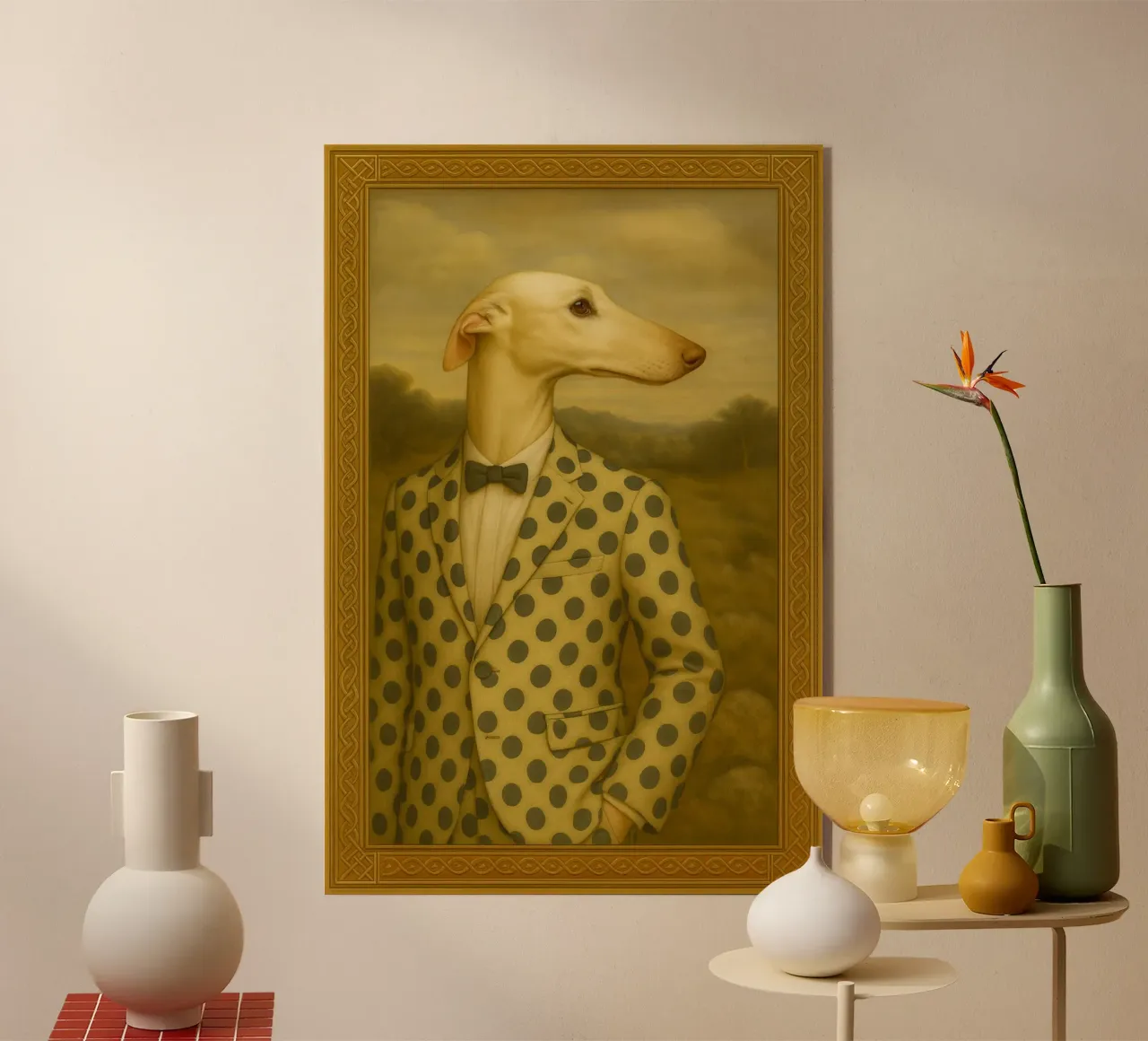 Dalmatian Greyhound – Surreal Dog Portrait in Polka-Dot Suit metacrilato de Elegant Absurd