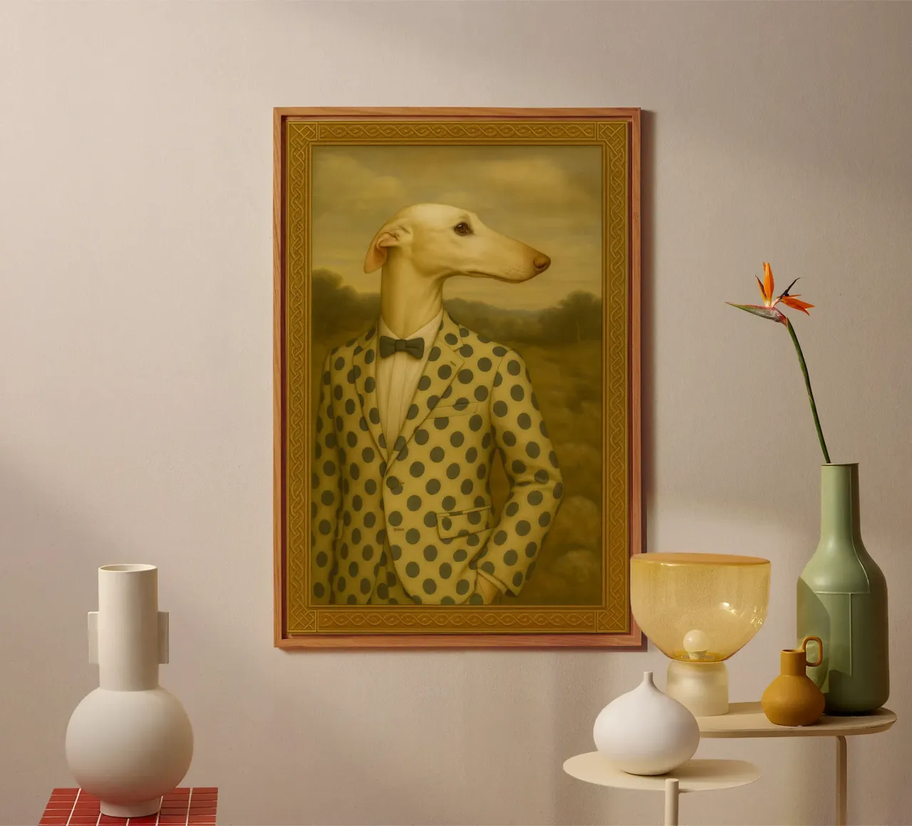Dalmatian Greyhound – Surreal Dog Portrait in Polka-Dot Suit alluminio dibond da Elegant Absurd