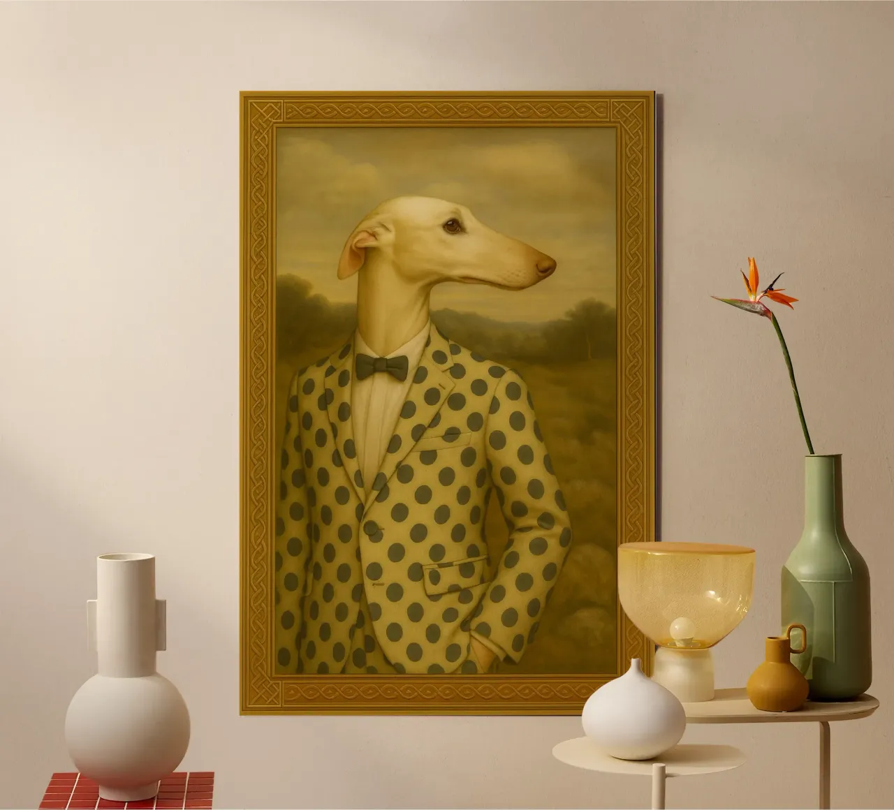 Dalmatian Greyhound – Surreal Dog Portrait in Polka-Dot Suit alluminio dibond da Elegant Absurd