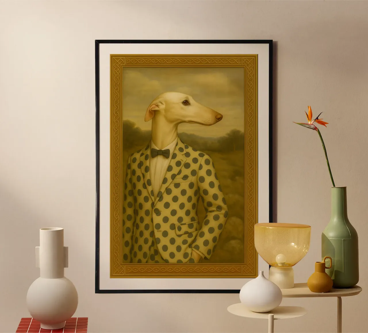 Dalmatian Greyhound – Surreal Dog Portrait in Polka-Dot Suit carta hahnemühle da Elegant Absurd