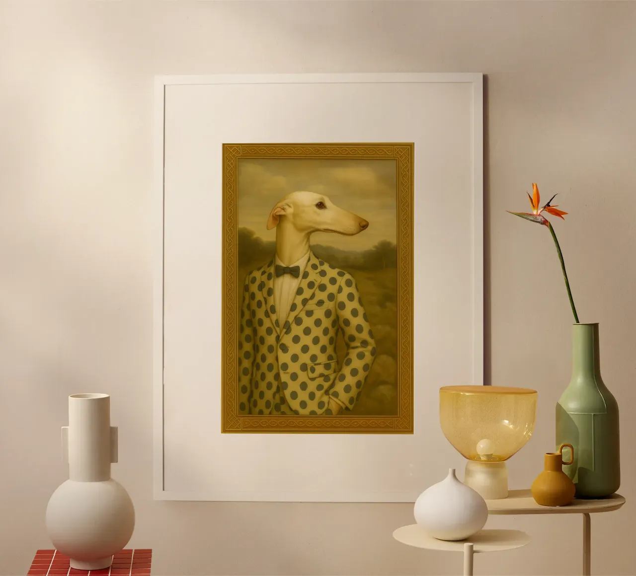 Dalmatian Greyhound – Surreal Dog Portrait in Polka-Dot Suit carta hahnemühle da Elegant Absurd