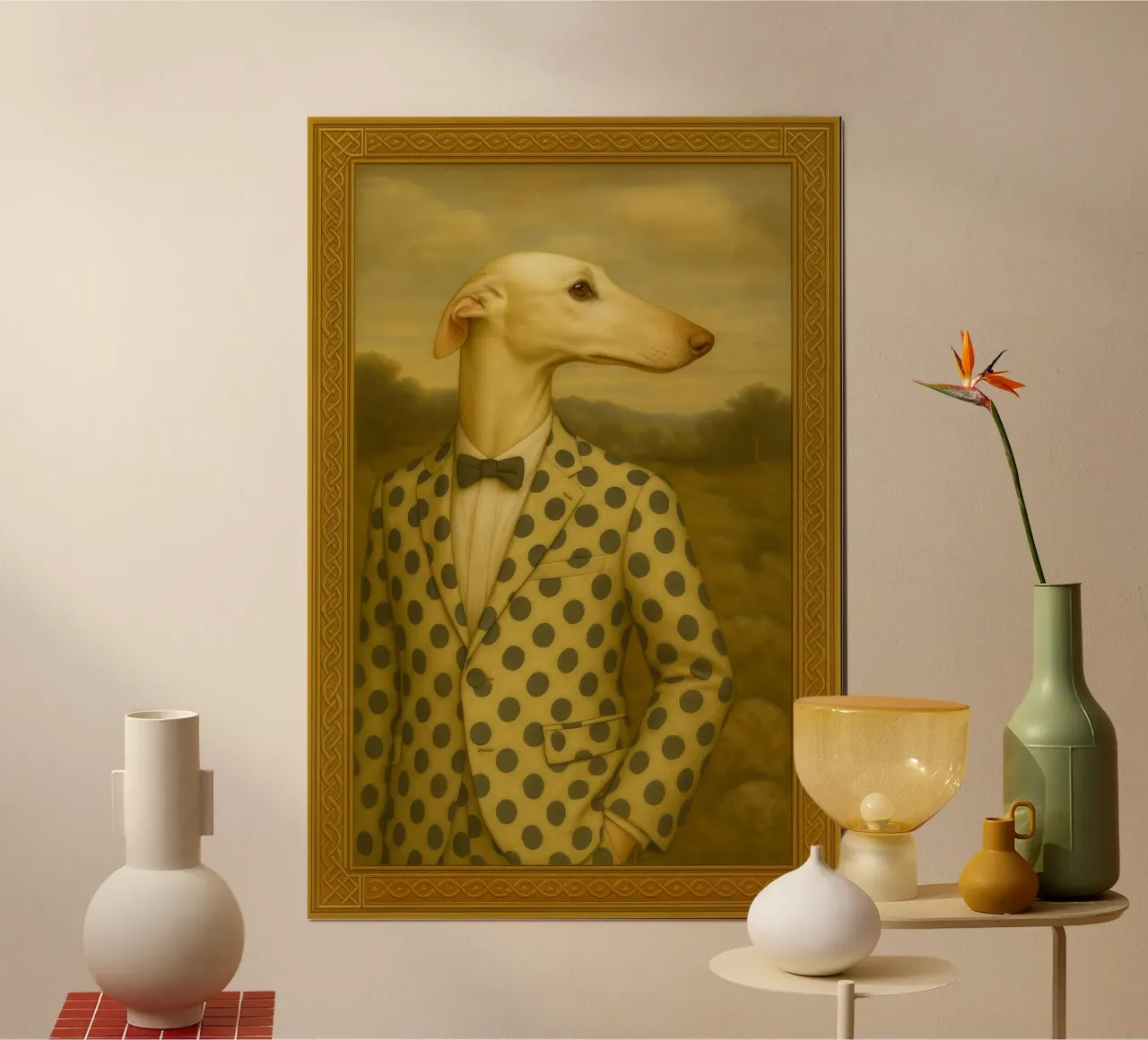 Dalmatian Greyhound – Surreal Dog Portrait in Polka-Dot Suit carta hahnemühle da Elegant Absurd