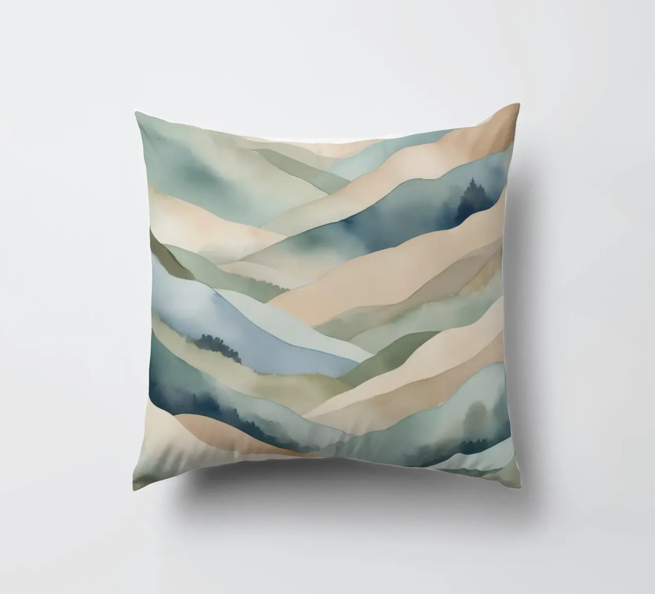 Paesaggio acquerellato di colline stratificate cuscino da DesignDoodle