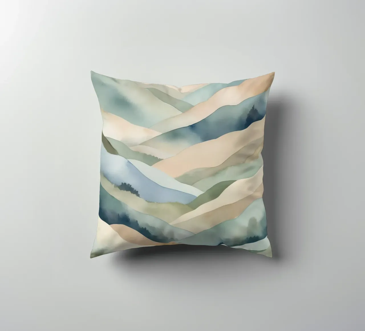 Paesaggio acquerellato di colline stratificate cuscino da DesignDoodle