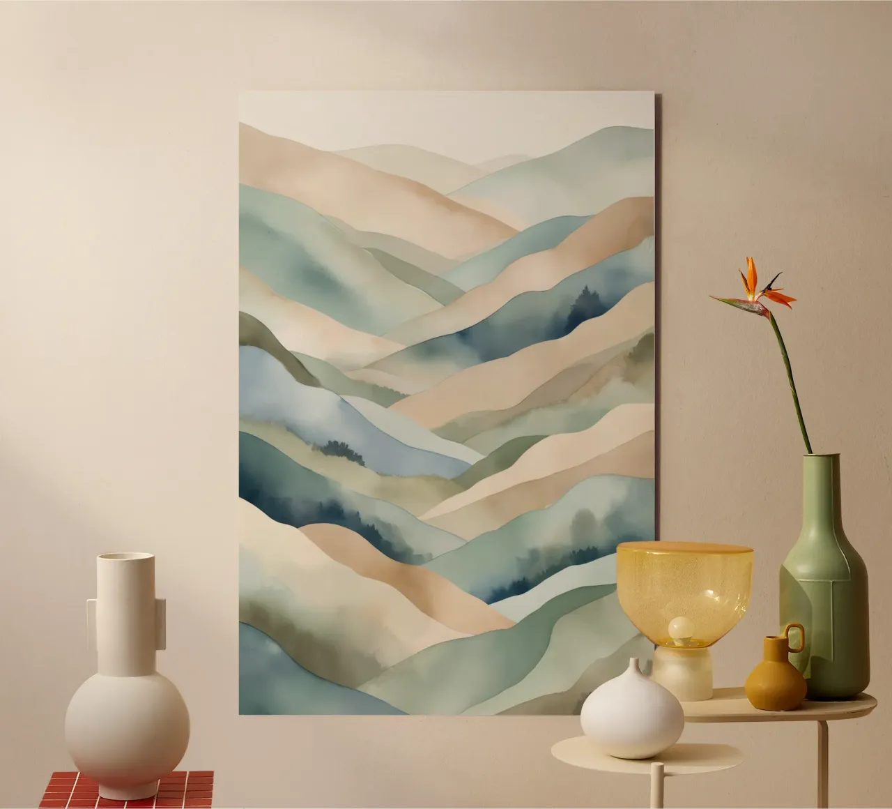 Paesaggio acquerellato di colline stratificate alluminio dibond da DesignDoodle