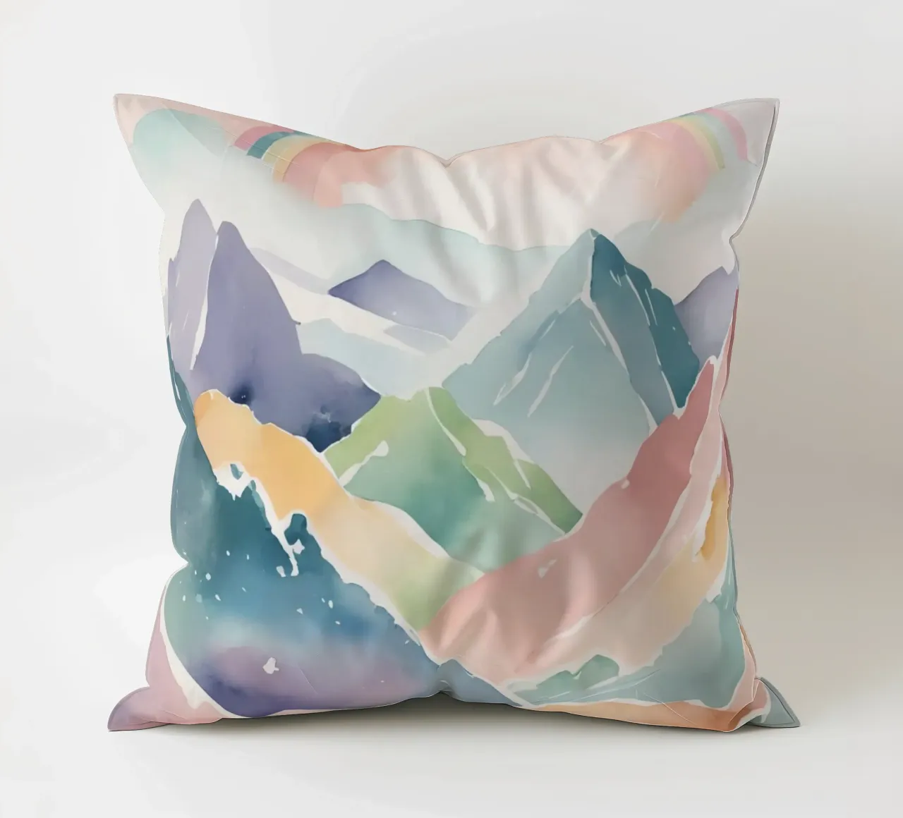 Montagne e arcobaleno ad acquerello cuscino da DesignDoodle