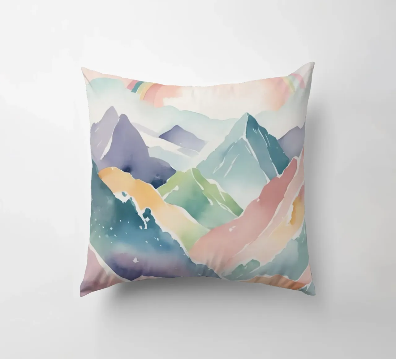 Montagne e arcobaleno ad acquerello cuscino da DesignDoodle