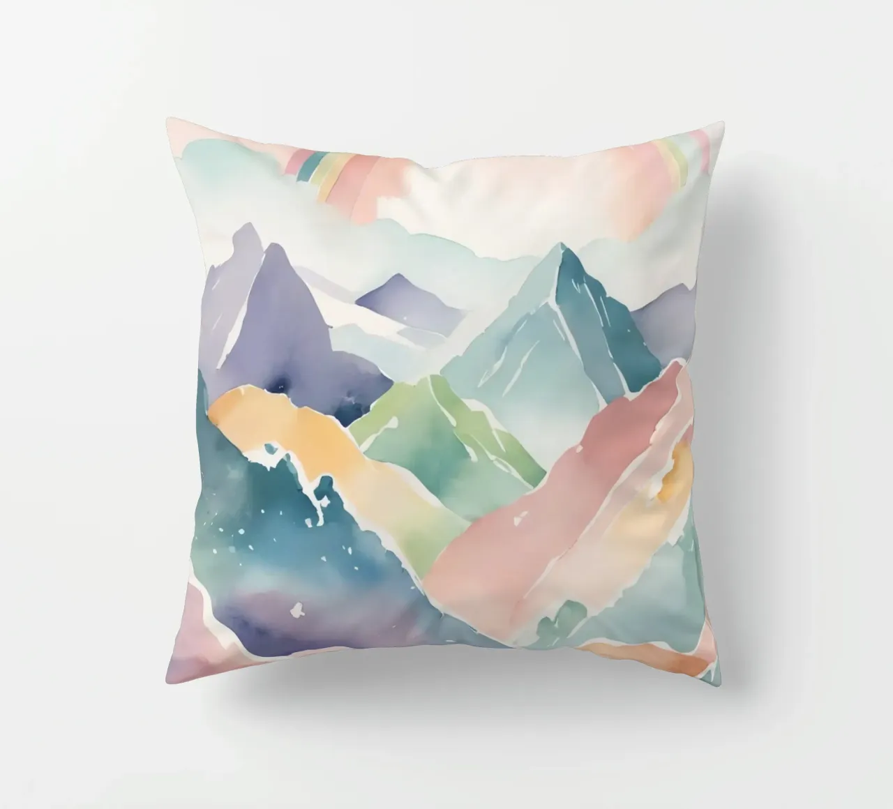 Montagne e arcobaleno ad acquerello cuscino da DesignDoodle