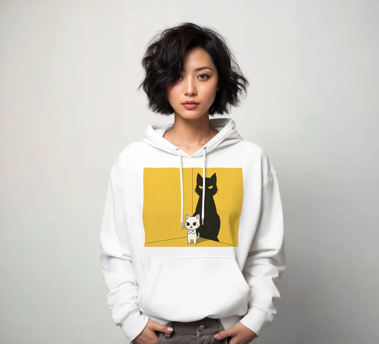 Chat blanc avec ombre noire dans un coin jaune sweat à capuche de DesignDoodle