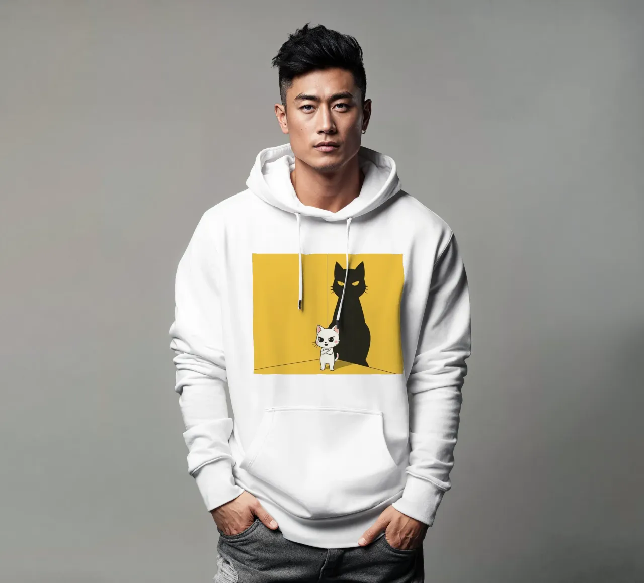 Chat blanc avec ombre noire dans un coin jaune sweat à capuche de DesignDoodle