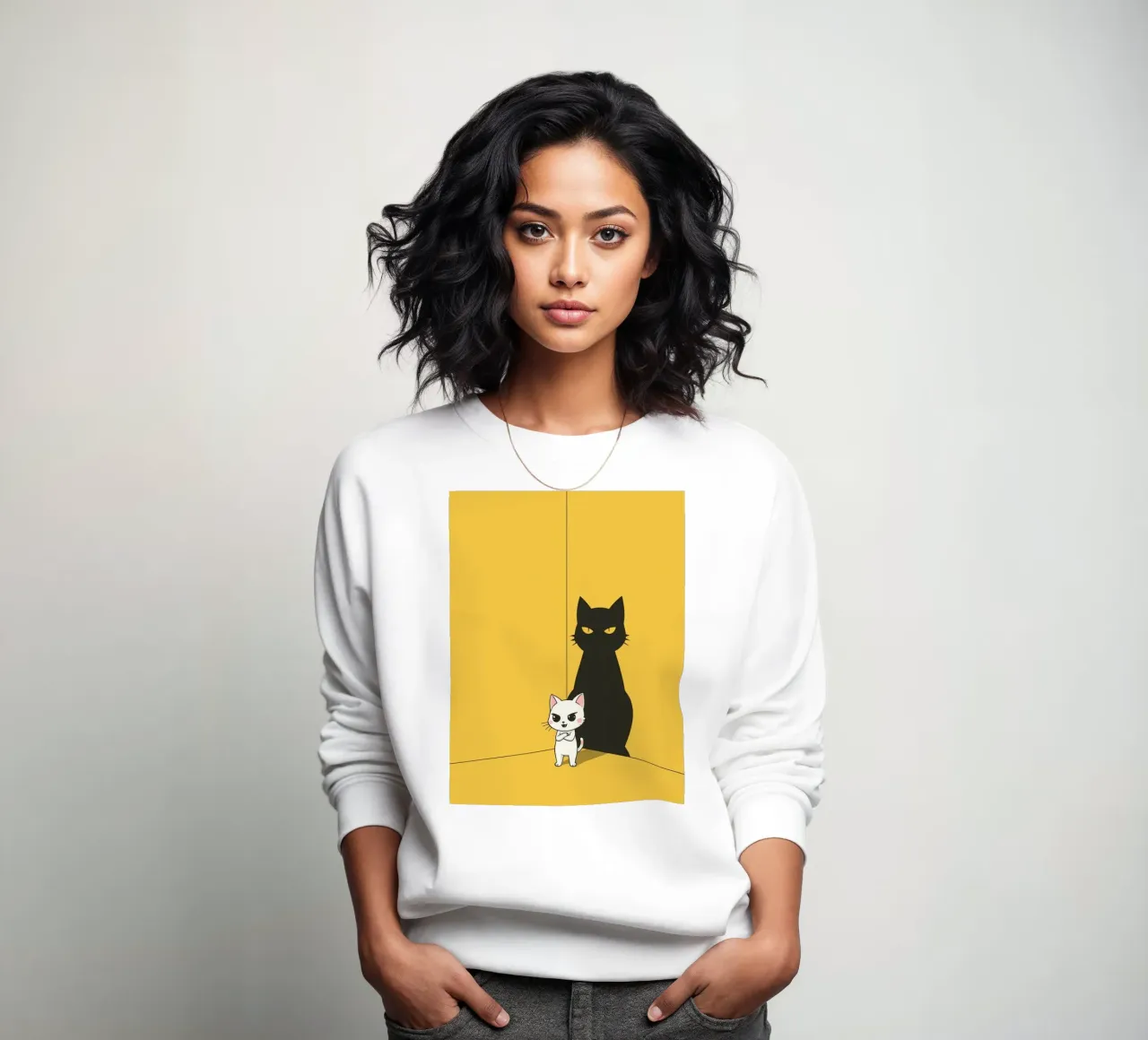 Chat blanc avec ombre noire dans un coin jaune sweat de DesignDoodle