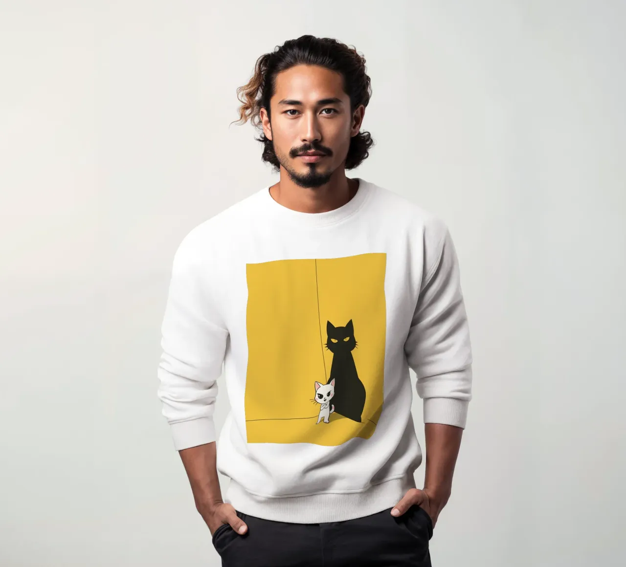 Chat blanc avec ombre noire dans un coin jaune sweat de DesignDoodle