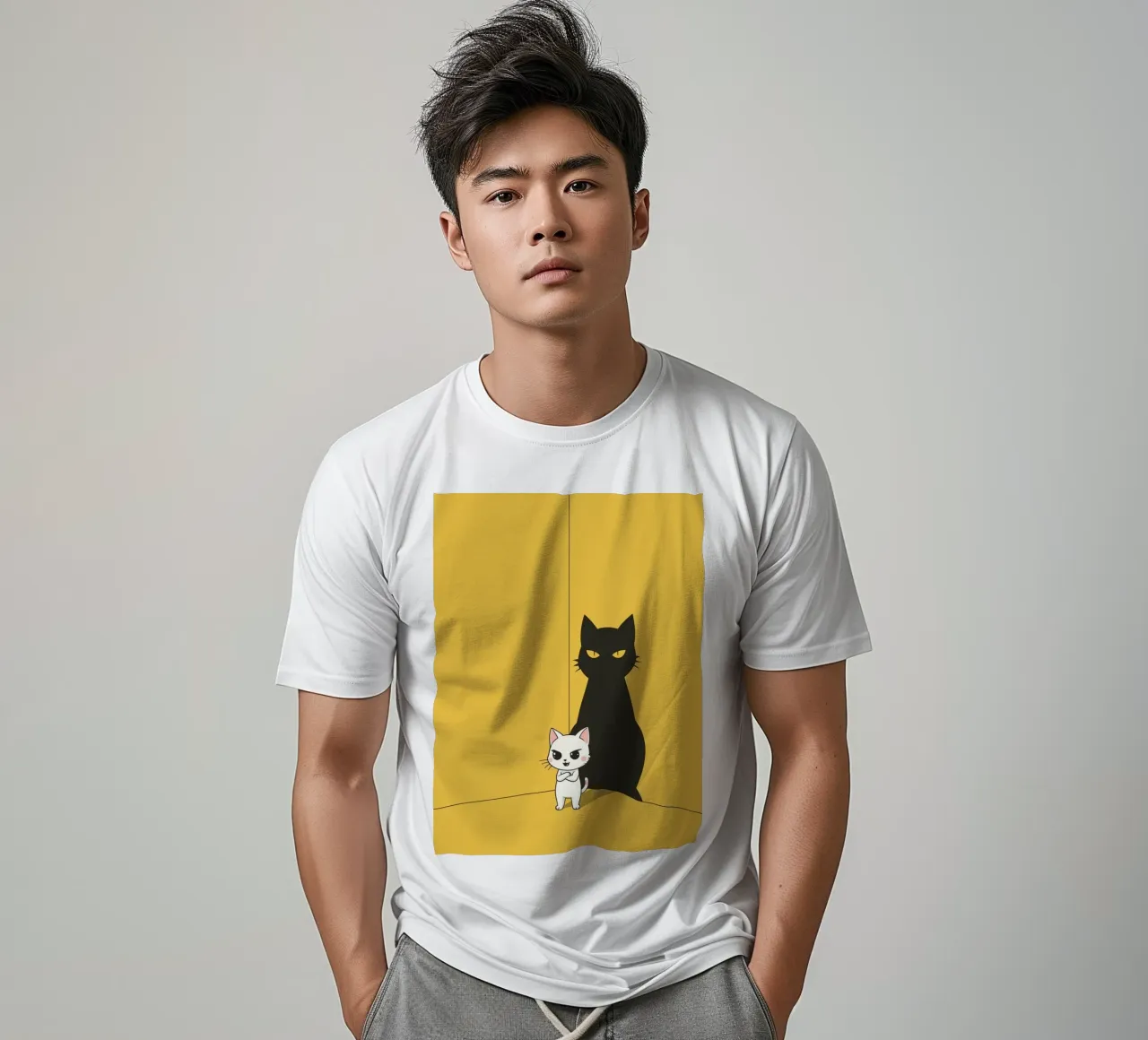 Gatto bianco con ombra nera in un angolo giallo t-shirt da DesignDoodle