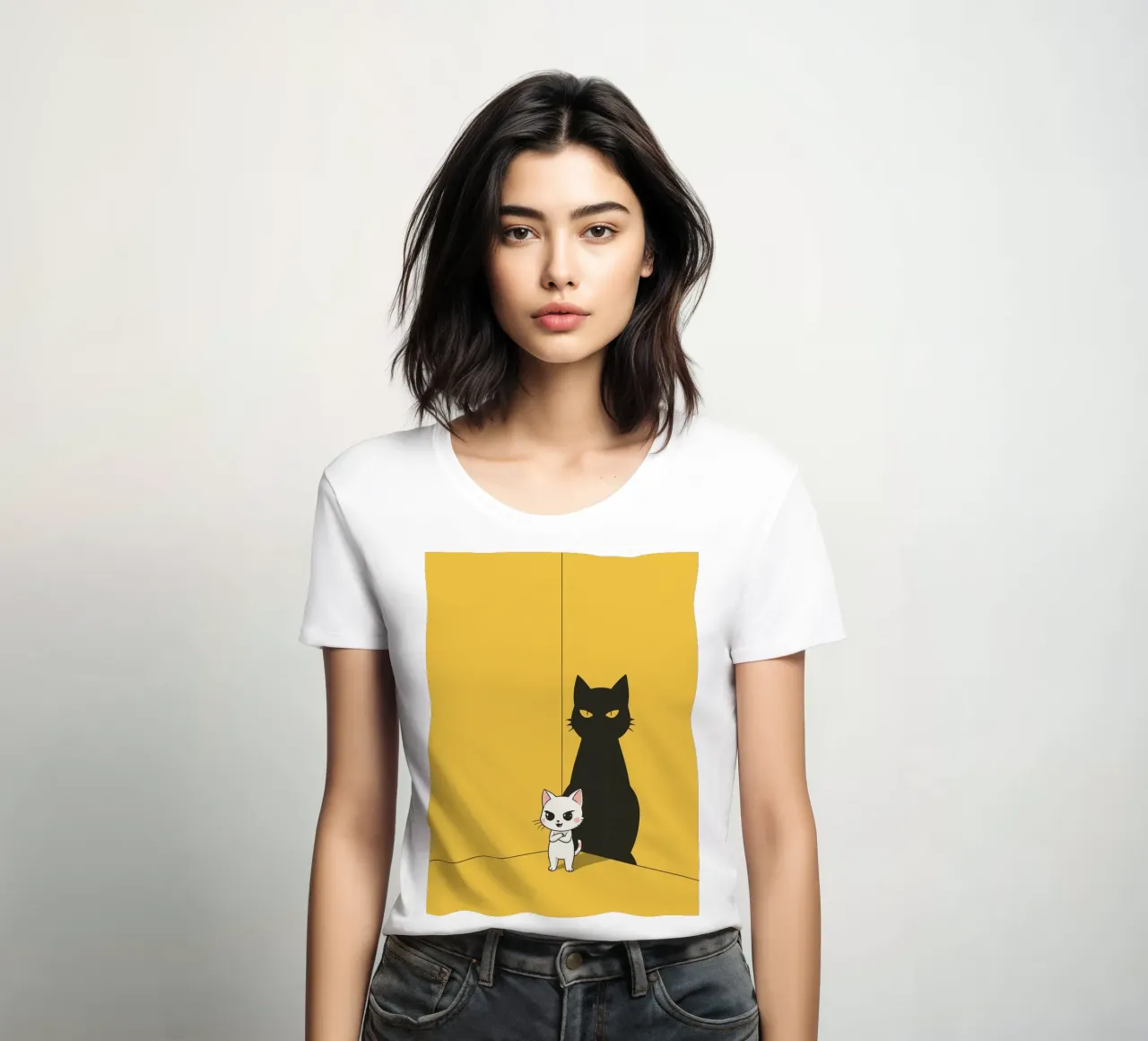 Chat blanc avec ombre noire dans un coin jaune t-shirt ajusté pour femmes de DesignDoodle