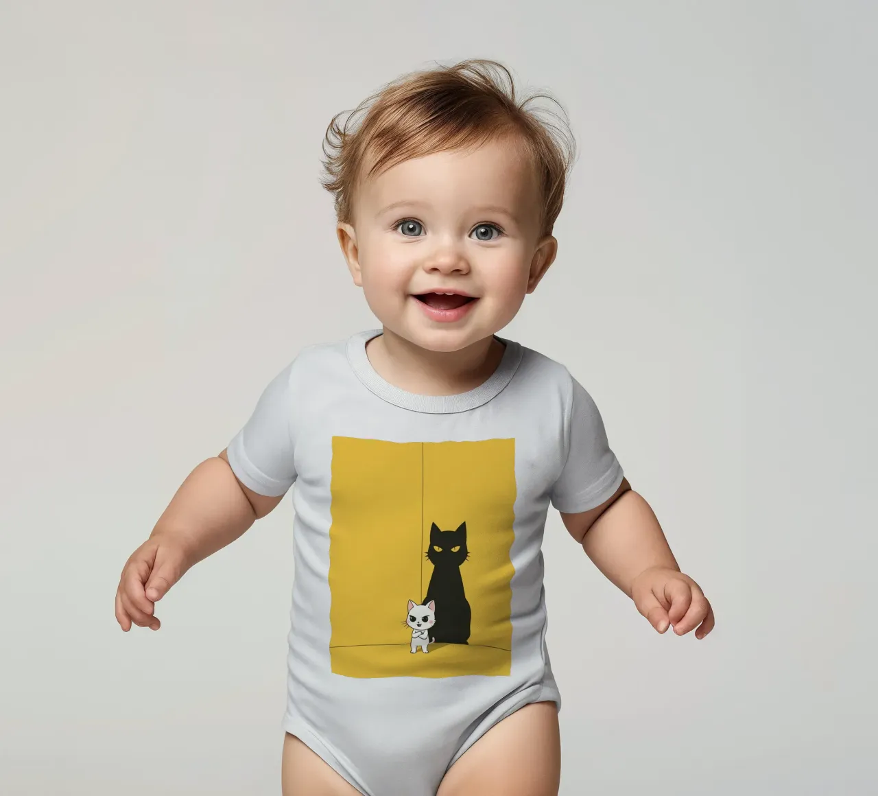 Chat blanc avec ombre noire dans un coin jaune body bébé de DesignDoodle