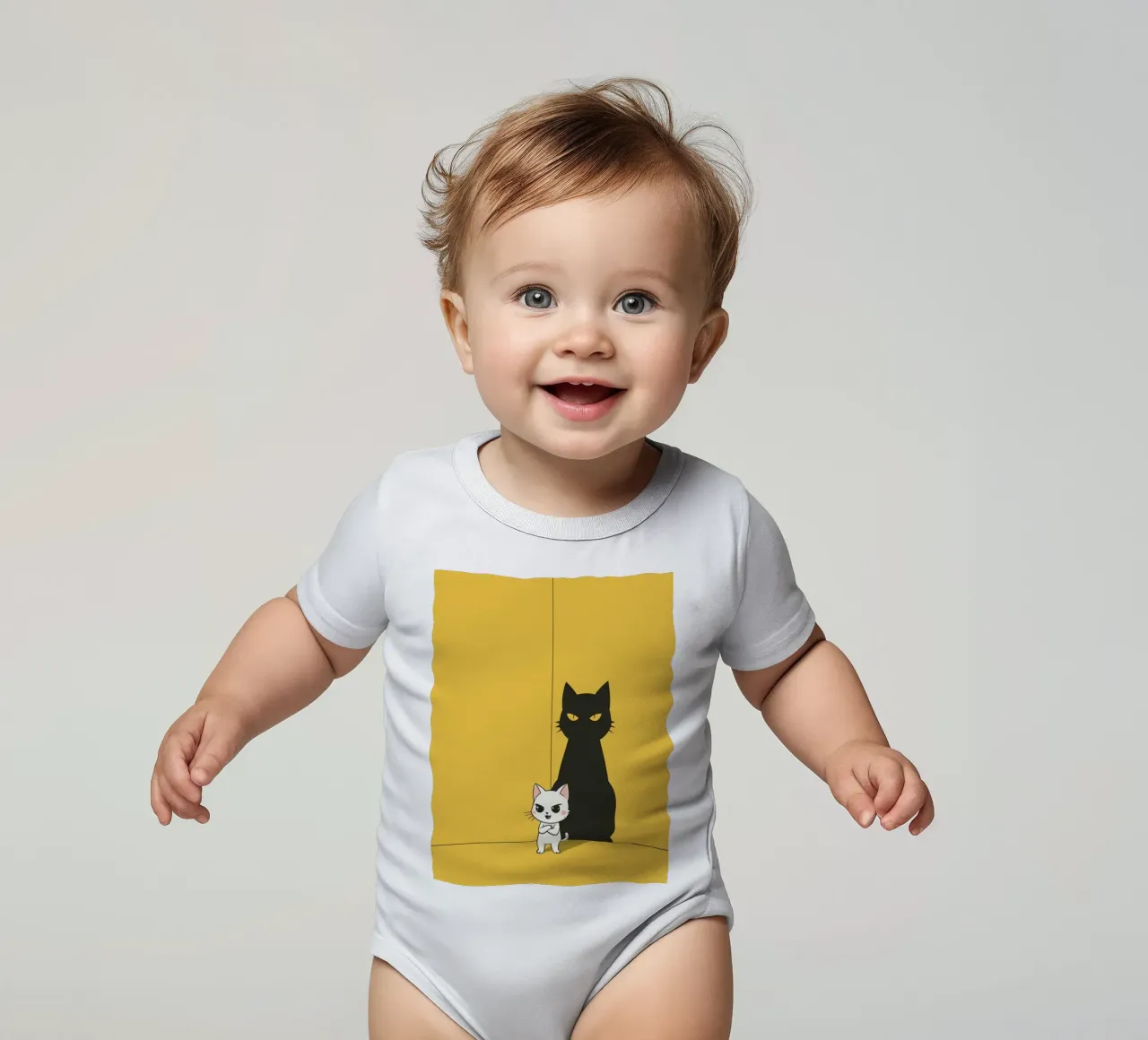 Chat blanc avec ombre noire dans un coin jaune body bébé de DesignDoodle