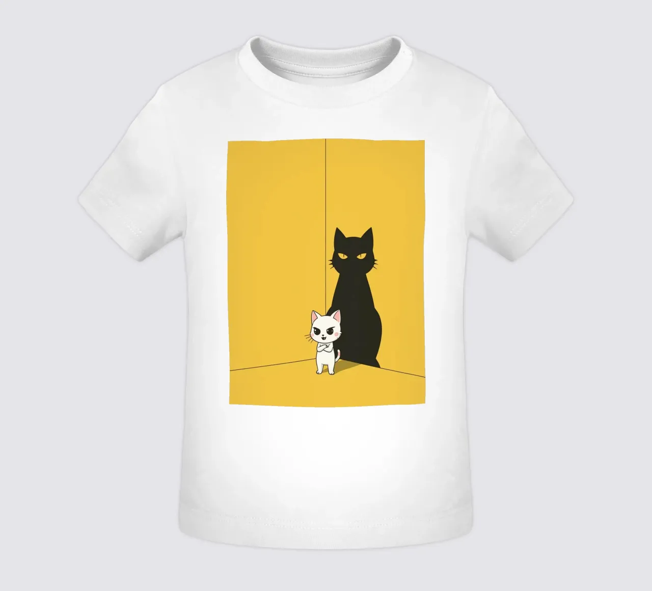 Chat blanc avec ombre noire dans un coin jaune t-shirt pour bébé de DesignDoodle