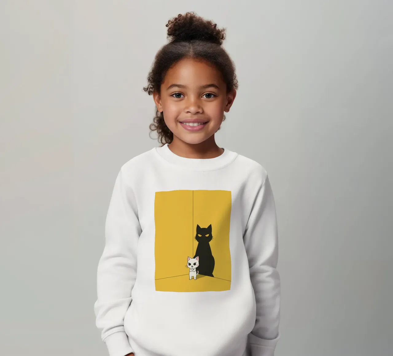 Chat blanc avec ombre noire dans un coin jaune sweat enfant de DesignDoodle