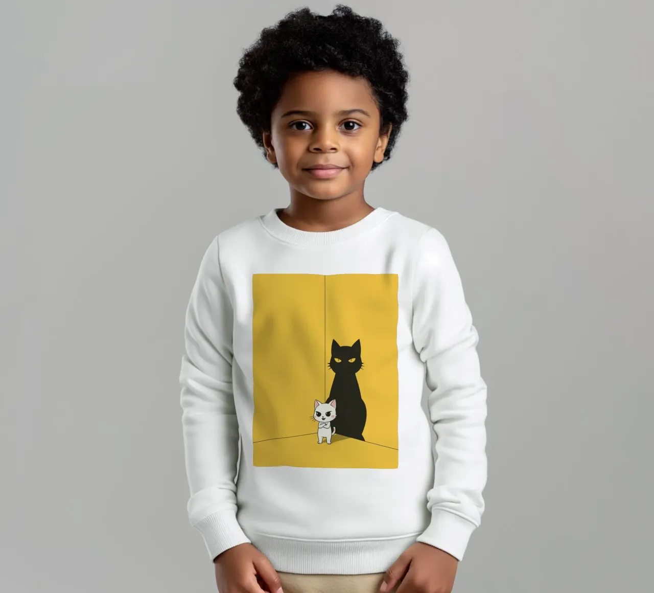 Chat blanc avec ombre noire dans un coin jaune sweat enfant de DesignDoodle