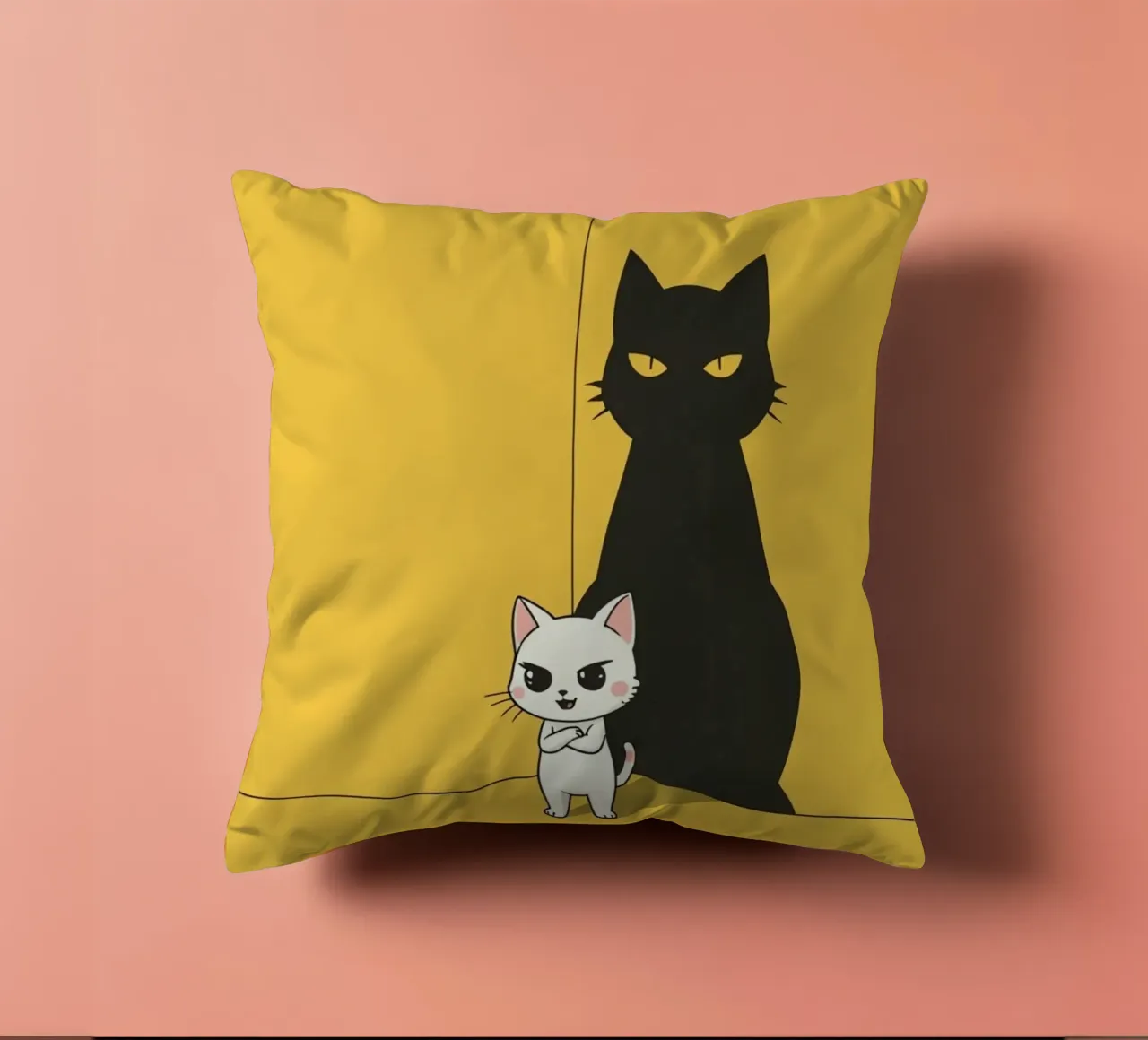 Chat blanc avec ombre noire dans un coin jaune coussin de DesignDoodle