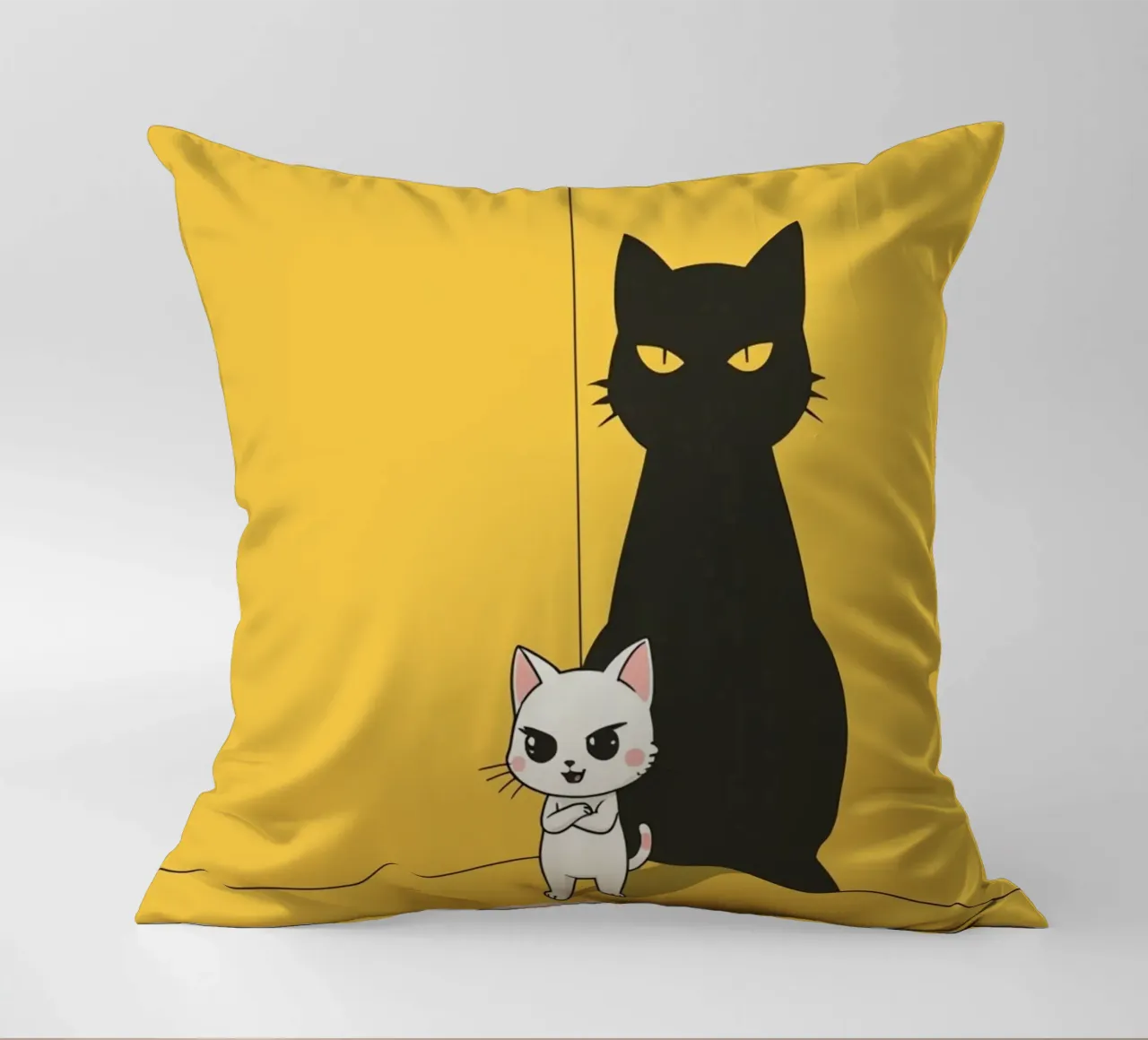 Chat blanc avec ombre noire dans un coin jaune coussin de DesignDoodle