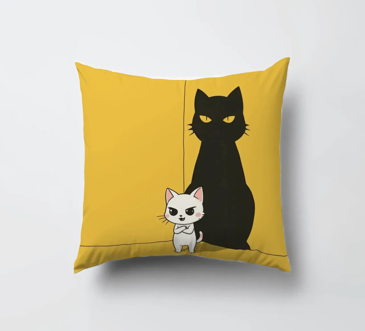 Chat blanc avec ombre noire dans un coin jaune coussin de DesignDoodle