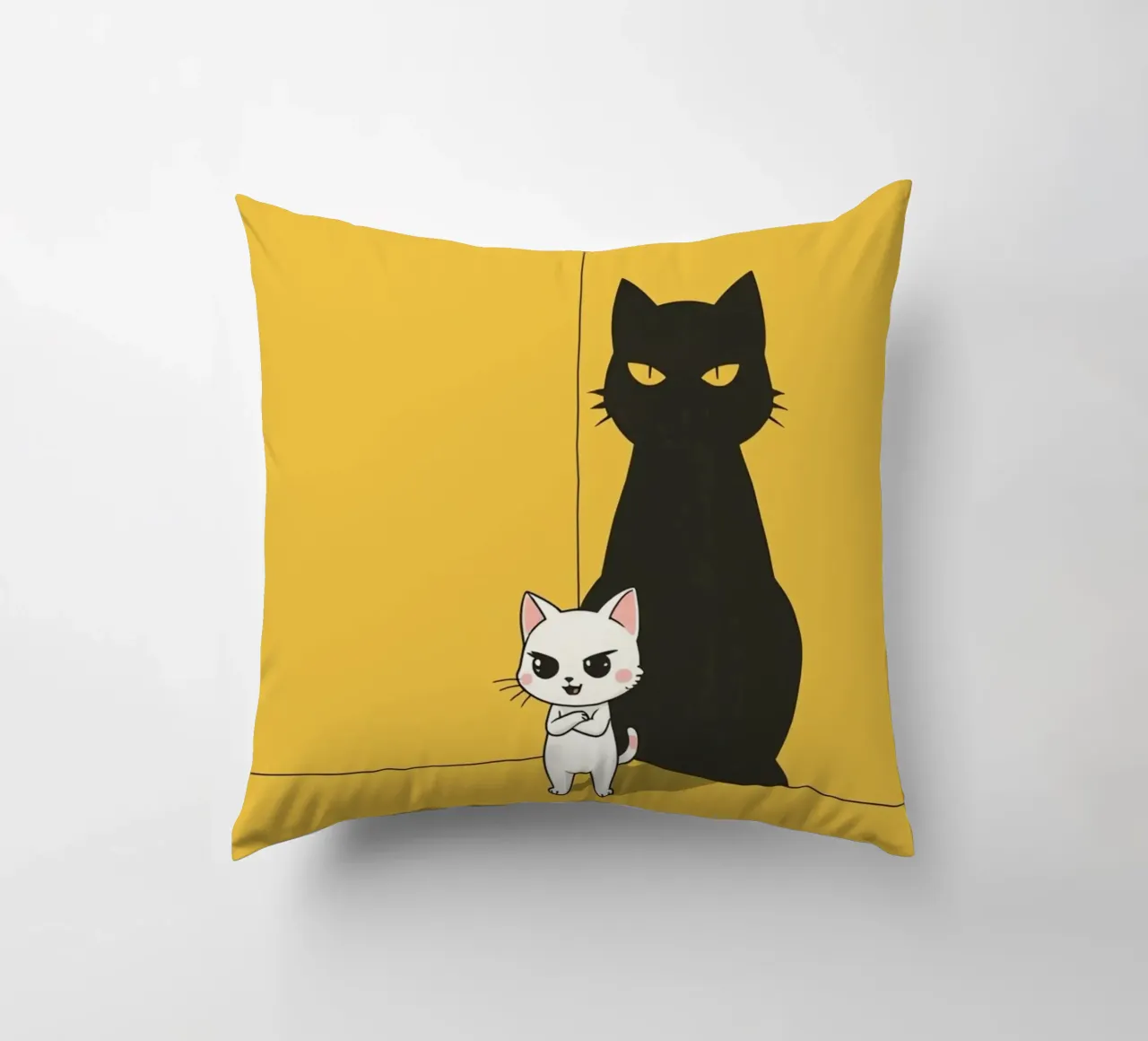 Chat blanc avec ombre noire dans un coin jaune coussin de DesignDoodle