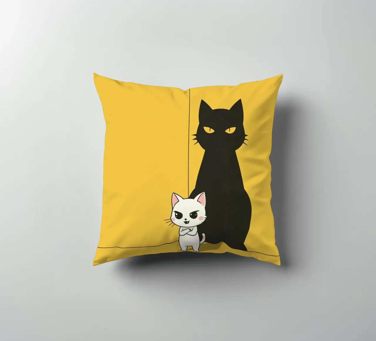 Chat blanc avec ombre noire dans un coin jaune coussin de DesignDoodle
