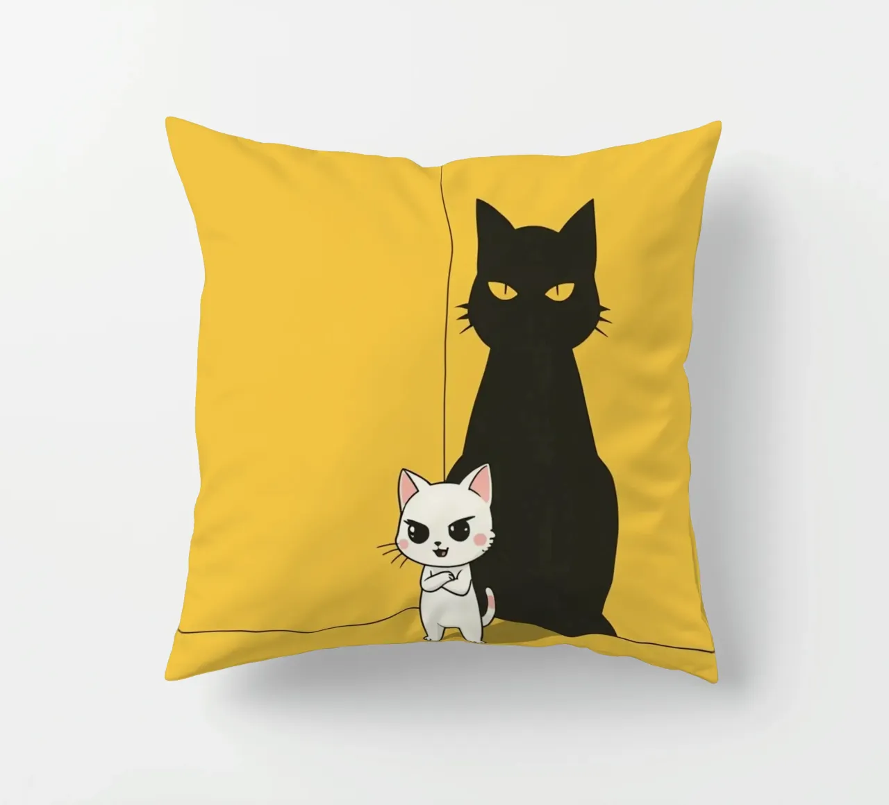 Chat blanc avec ombre noire dans un coin jaune coussin de DesignDoodle