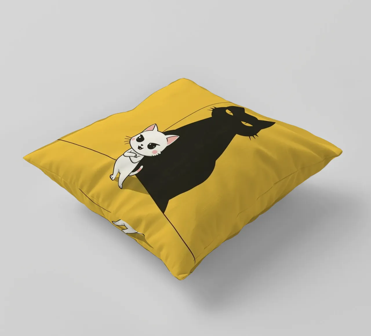 Chat blanc avec ombre noire dans un coin jaune coussin de DesignDoodle