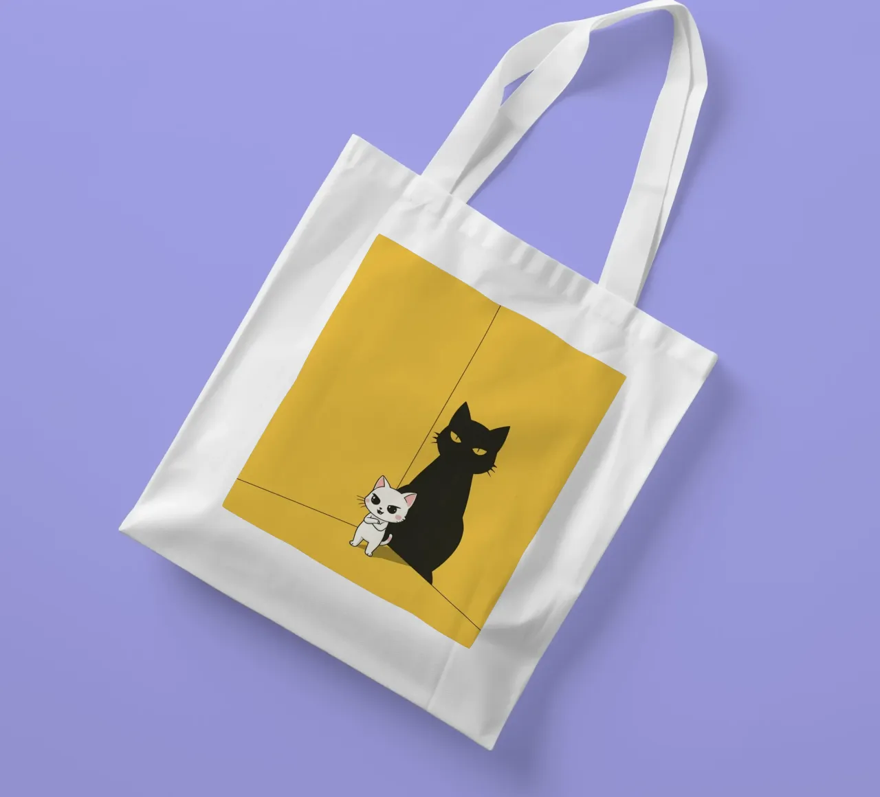 Chat blanc avec ombre noire dans un coin jaune tote bag de DesignDoodle