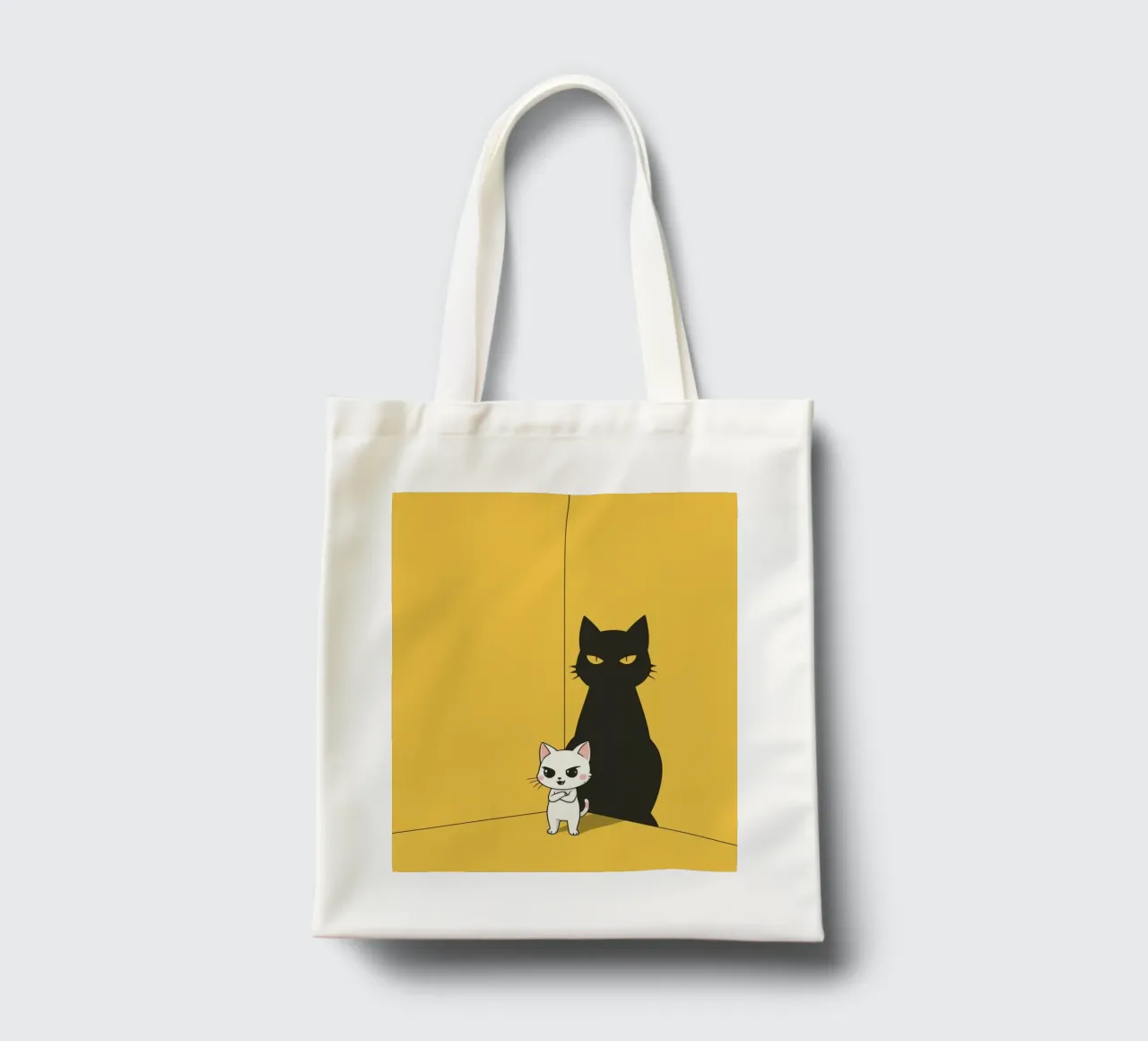 Chat blanc avec ombre noire dans un coin jaune tote bag de DesignDoodle