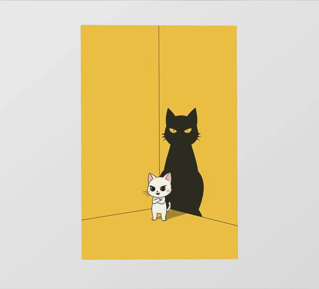 Chat blanc avec ombre noire dans un coin jaune papier peint photo de DesignDoodle