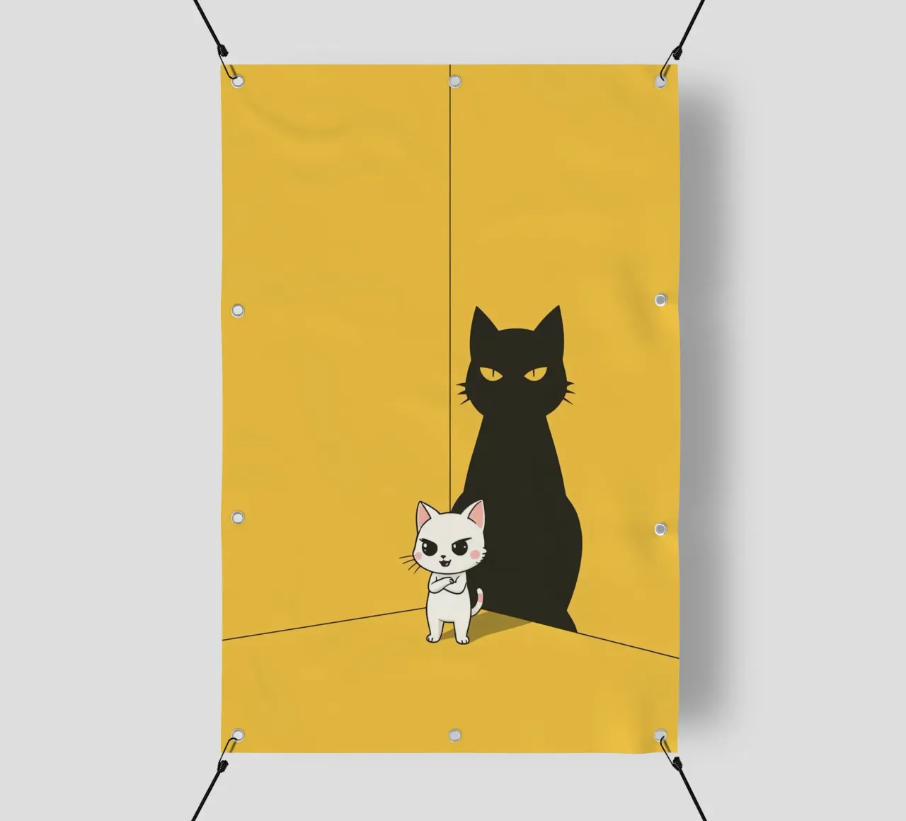 Chat blanc avec ombre noire dans un coin jaune bâche pvc de DesignDoodle