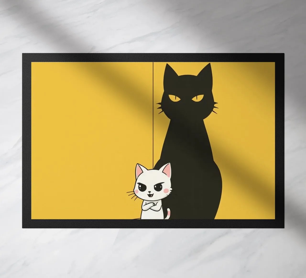 Chat blanc avec ombre noire dans un coin jaune paillasson de DesignDoodle