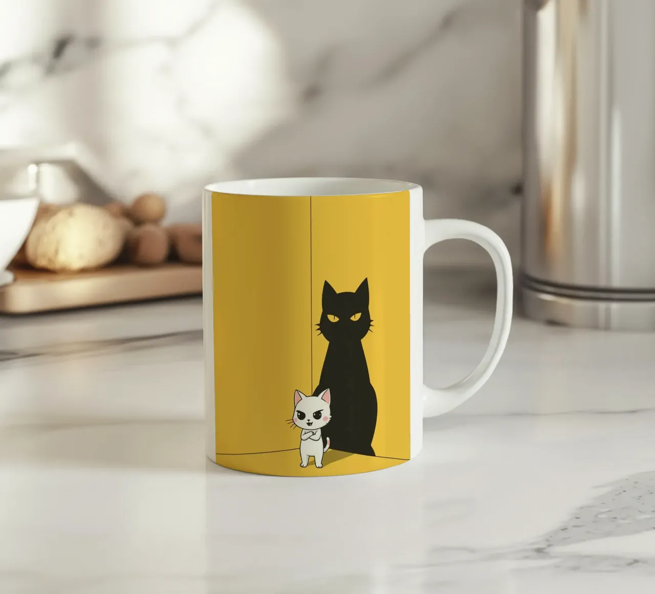 Chat blanc avec ombre noire dans un coin jaune mug en céramique de DesignDoodle
