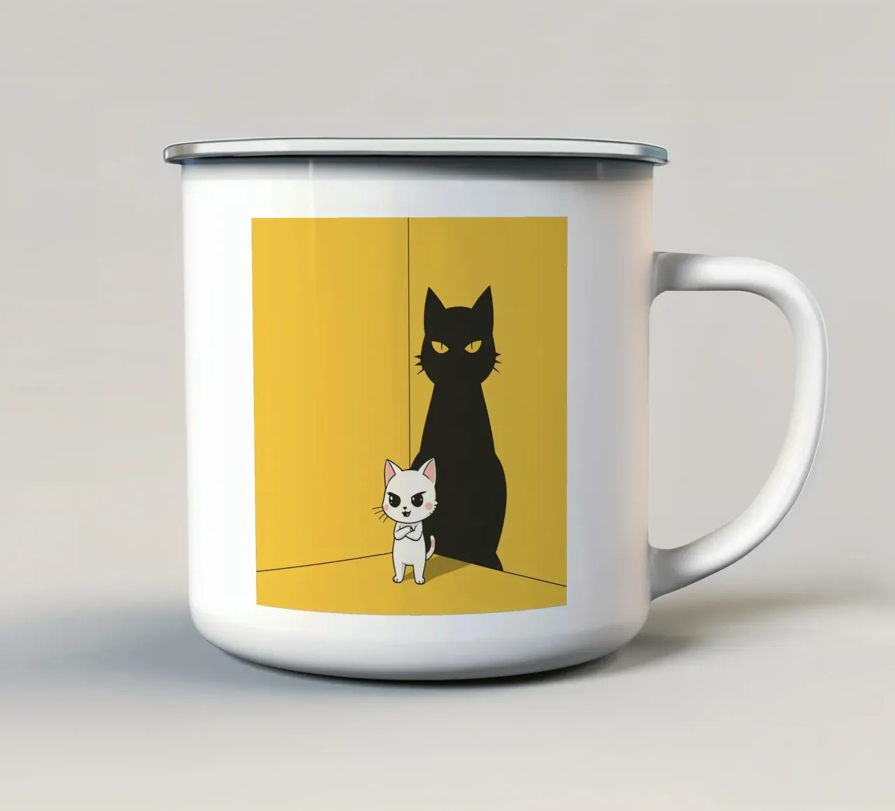 Chat blanc avec ombre noire dans un coin jaune mug en émail de DesignDoodle
